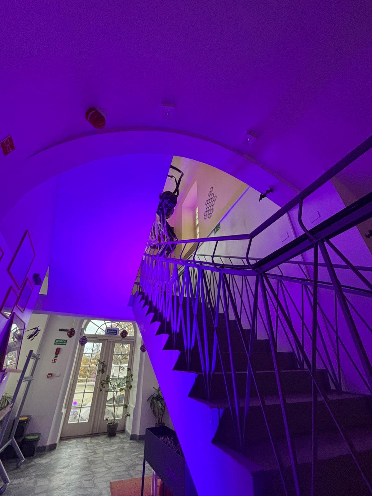 zdjęcie klatki schodowej w Zaku w Leśnicy oświtelonej na fiotelowo, na balustradzie figura wielkiego pająka